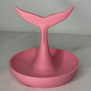 Pink Whale Tail Jewelry Ring Dish Stand Coastal Mermaid Bathroom 6"